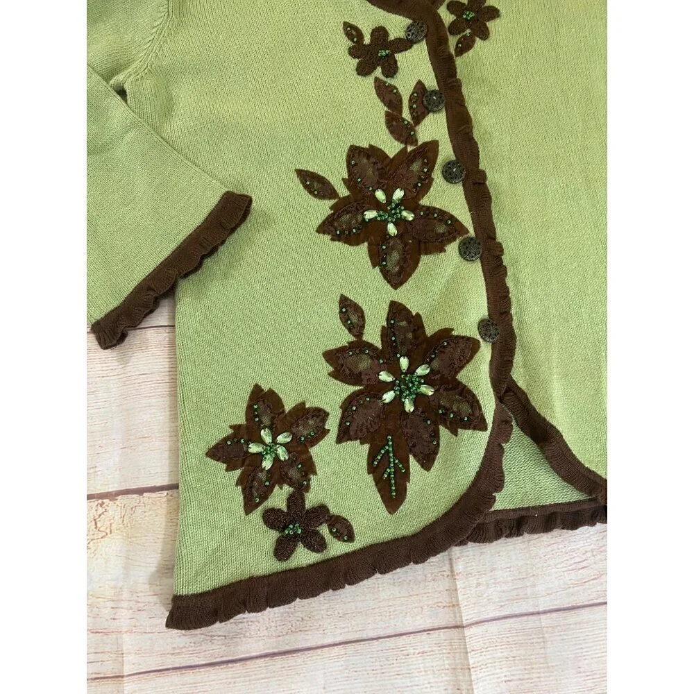 NWT Vintage Storybook Knits Green Floral Knit Button Front Cardigan - Large - Picture 2 of 12